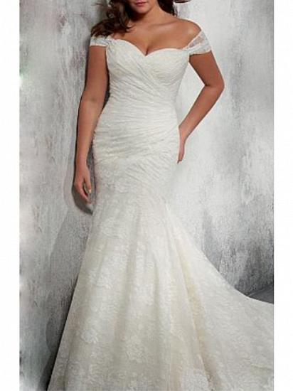 Mermaid Wedding Dress Off Shoulder Chiffon Lace Cap Sleeve Bridal Gowns with Court Train