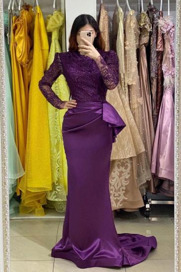 Soft Floral Lace Appliquéd Long Sleeve Purple Mermaid Evening Dress_1