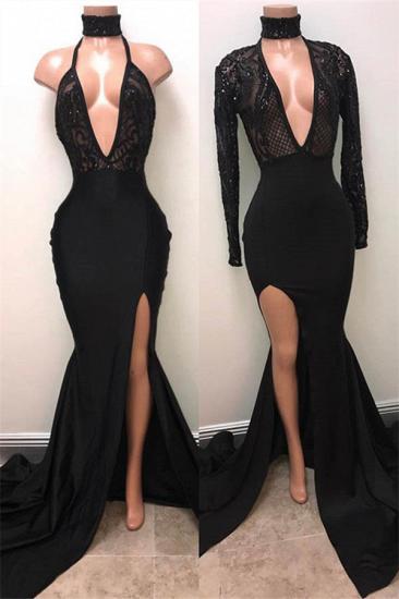 Sexy Black High Neck Lace Front Split Mermaid Prom Dress_2