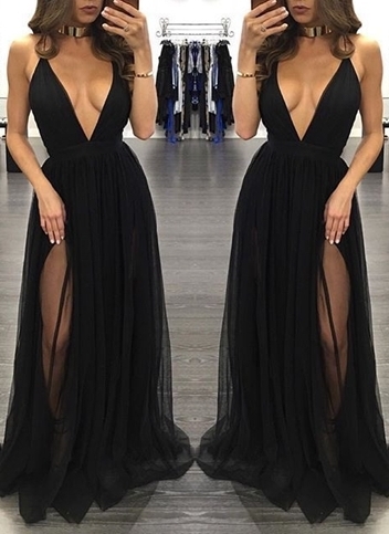 Sexy Sleeveless Tulle Backless Black V-Neck Side-Slit Prom Dress_1