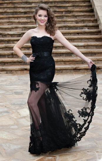 Elegant Black Strapless Lace Prom Dress Vestidos de Fiesta Sash Matric Dance Dress for Women_1