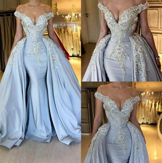 Elegant Sky Blue Mermaid Off the shoulder Prom Dresses | Sweetheart Discount Overskirt Evening Dresses Online_6