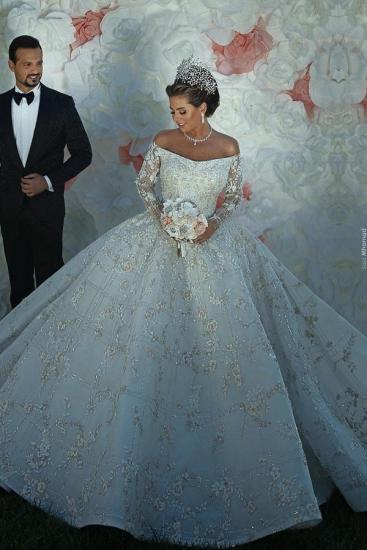 Luxury Shiny Crystal Appliques Ball Gown Wedding Dresses | Off The Shoulder Long Sleeve Bridal Gowns