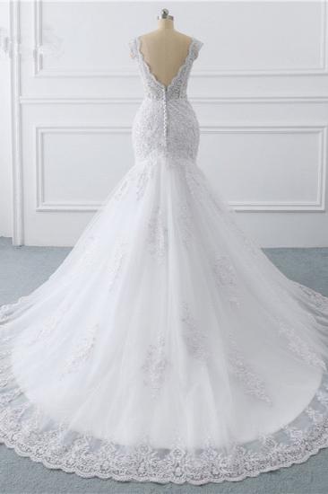 TsClothzone Wunderschönes Tüll-Spitzen-Hochzeitskleid mit V-Ausschnitt, ärmellose Meerjungfrau-Applikationen, Brautkleider im Angebot_3