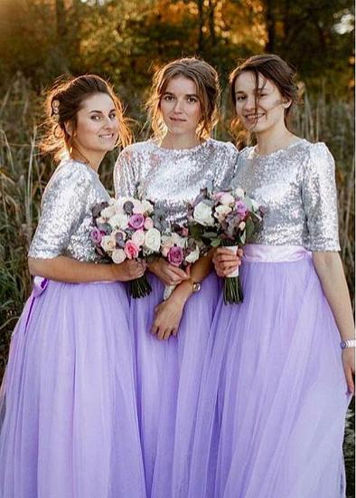 Shop Beautiful Sequin Lace Jewel Lavender Purple A-line Bridesmaid Dresses With Belt for Beach Wedding_5