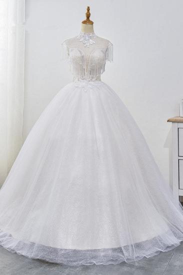 TsClothzone Luxury Ball Gown High-Neck Tulle Wedding Dress Sparkly Sequins Sleeveless Appliques Bridal Gowns with Tassels