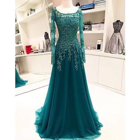 A-Line Long-Sleeves Lace Appliques 2022 Scoop Beaded Blue Evening Dress_2