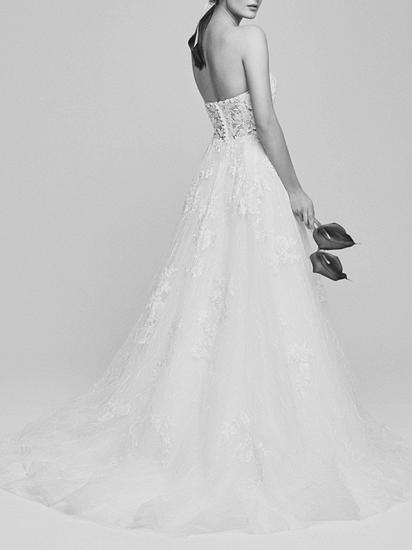Romantic Backless A-Line Wedding Dresses Sweetheart Lace Tulle Strapless Bridal Gowns with Court Train_3