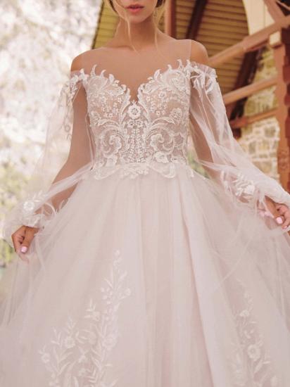 Formal A-Line Wedding Dress Jewel Lace Tulle Long Sleeve Sexy See-Through Bridal Gowns_3