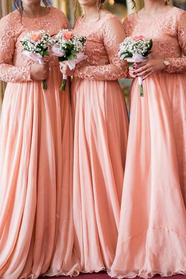 Long Sleeves Lace Appliqued Floor Length Bridesmaid Dresses | Affordable Coral Long Wedding Party Dresses