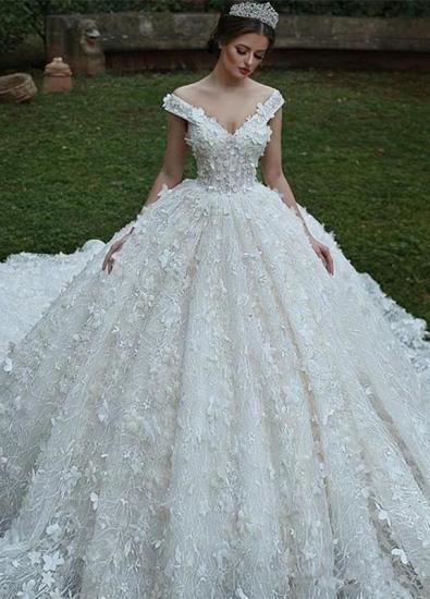 Glamorous V-Neck Off Shoulder Ball Gown Lace Applique Wedding Dress_3