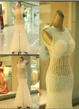 Stunning Mermaid Sexy 2022 Evening Gowns Crystal Floor Length Sleeveless Beading Prom Dresses_2