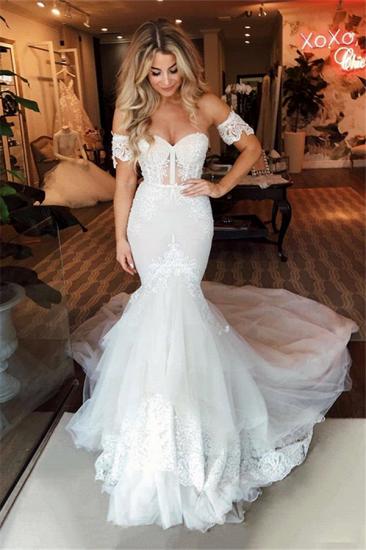 Off-the-Shoulder Puffy Tulle Wedding Dress| Mermaid Appliques Sweep Train Bridal Gowns