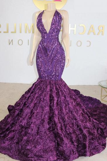 Purple v-neck mermaid flowers prom dress_2