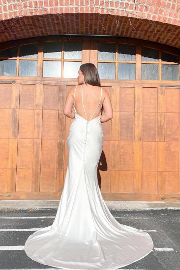 Weißes, bodenlanges Meerjungfrau-Hochzeitskleid aus Satin mit Spaghettiträger und Rückenausschnitt_2