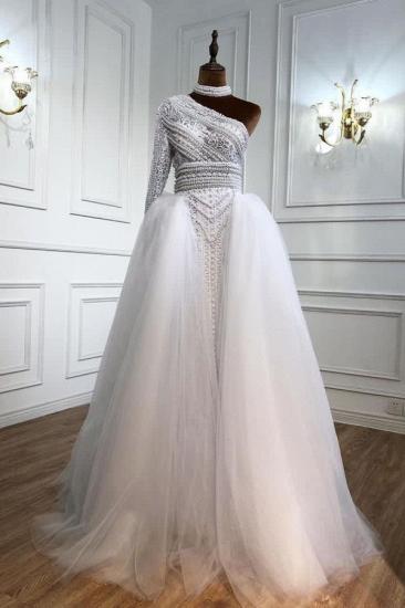 One Shoulder White Peals Lace Mermaid Wedding Gown with Tulle Detachable Train