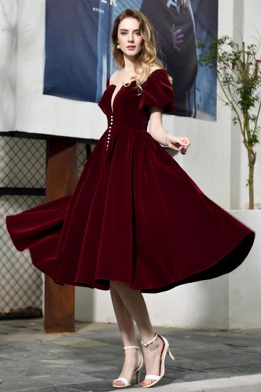 Arick | Unique Burgundy Bubble Sleeve V-neck Velvet Short Prom Dress_1