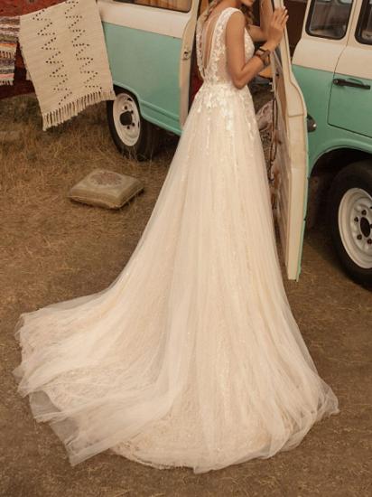 Country Plus Size A-Line Wedding Dress V-neck Lace Tulle Jersey Sleeveless Bridal Gowns with Sweep Train_4