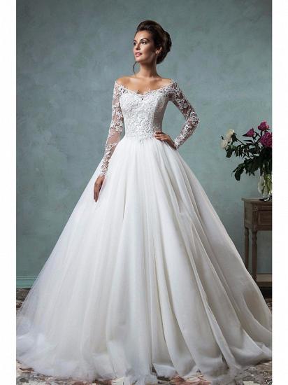 A-Line Wedding Dresses Off Shoulder Lace Tulle Long Sleeve Bridal Gowns Formal See-Through Court Train
