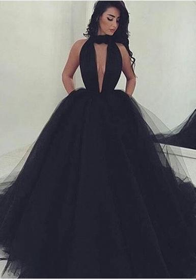 Amazing Black V-Neck Tulle Ball-Gown Prom Dress_1