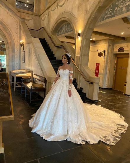 Off Shoulder Long Sleeves 3D Floral Aline Ball Gown Bridal Dress_4