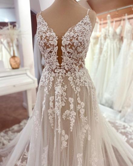 Boho Deep V-Neck Sleeveless Floral Lace Mermaid Wedding Dress Tulle Appliques_4