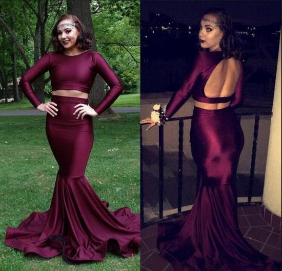 Burgundy two piece prom dress, long mermaid evening gowns_3