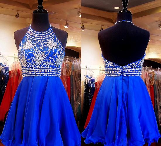 Crystal Halter Royal Blue Mini Homecoming Dress with Rhinestones  Open Back Short Cocktail Dress_2