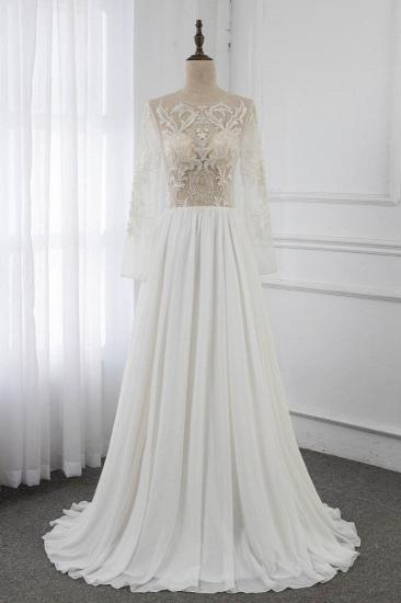 TsClothzone Affordable Jewel Chiffon Ruffles Wedding Dresses Lace Top Long Sleeves Bridal Gowns Online