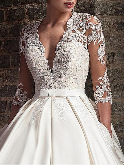 A-Line Wedding Dress V-neck Floor Length Satin Half Sleeve Bridal Gowns Formal Plus Size_3