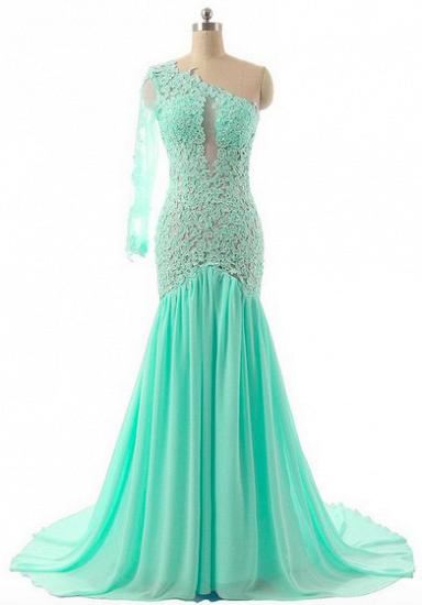 New Arrival Mermaid One Shoulder Evening Dresses Green Chiffon Long Sleeve Lace Prom Gown