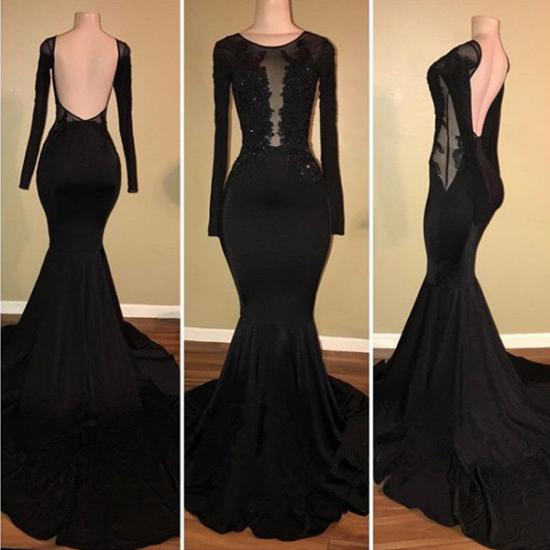 Sexy Black Mermaid Prom Dress Long Sleeve With Lace Appliques_3