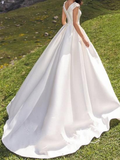 A-Line Wedding Dress Jewel Satin Cap Sleeve Bridal Gowns Simple with Sweep Train_3