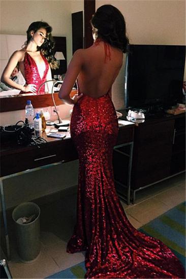 Deep V-neck Red Sequins Prom Dresses Halter Sexy 2022 Backless Evening Gowns_2