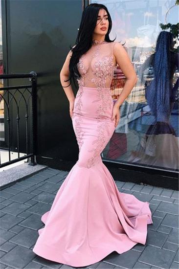 Sexy Pink Sheer Tulle Sleeveless Evening Dresses | 2022 Mermaid Appliques Cheap Prom Dress