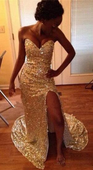 Mermaid Sparkly Sweetheart 2022 Evening Dresses Split Gold Sequins Prom Dresses_1