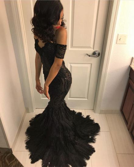 Beads Unique Lace Appliques Feather Prom Dresses | Off-The-Shoulder Fit and Flare Evening Gowns_5