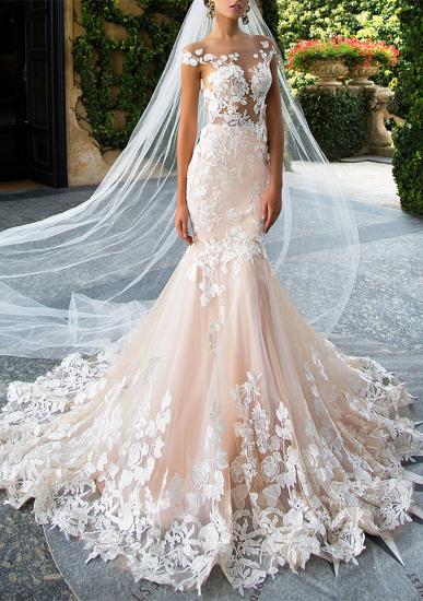 Glamorous Cap Sleeve Mermaid Bridal Gowns BA4325 | Lace Appliques Slim Wedding Dress
