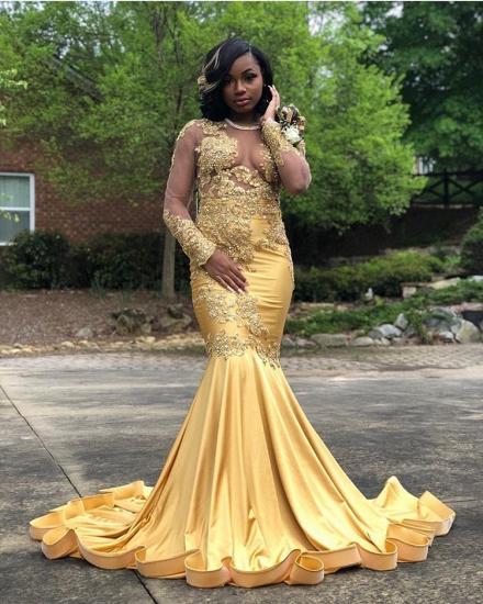 Long Sleeves Sheer Tulle Gold Shinny Beads Appliques Mermaid Prom dresses_2
