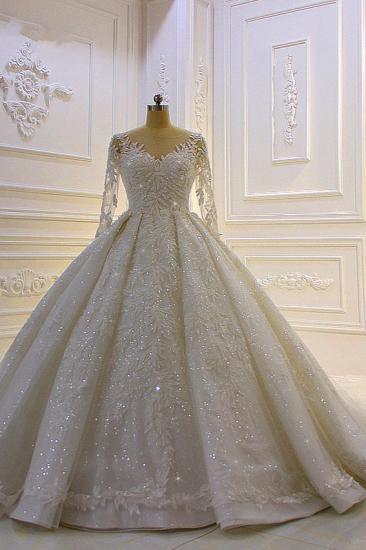 Sparkle 3D Lace Appliques Long Sleeves Church Train Wedding Dress