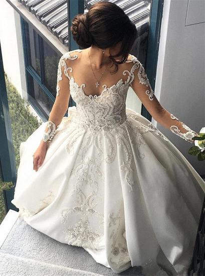 Luxury White Long sleeve A-line Sparkle Beaded Chapel Train Wedding Dress Online with Lace Appliques_2