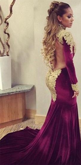 Burgundy Velvet Long Sleeve Prom Dress Gold Lace Appliques See Through Back SExy Evening Gown_5