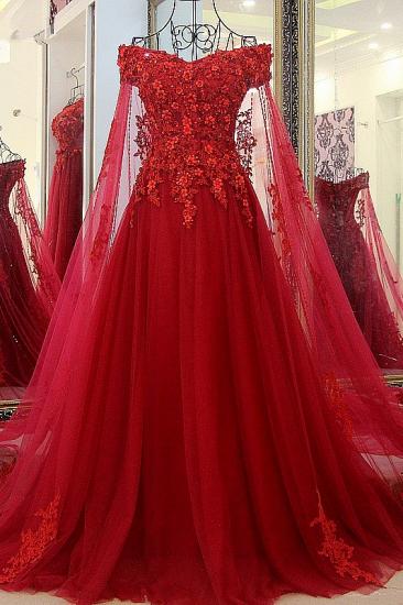 Stunning Red Off-the-shoulder A Line V Neck Floor-length Lace-up Beading Prom Dress_2