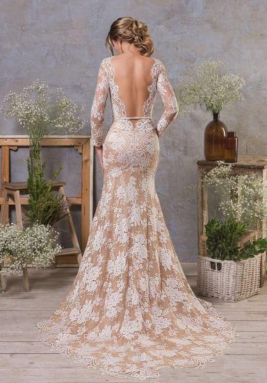 Stunning Floral Lace Pearls Mermaid Bridal Dress with Side Slit Long Sleeves_2