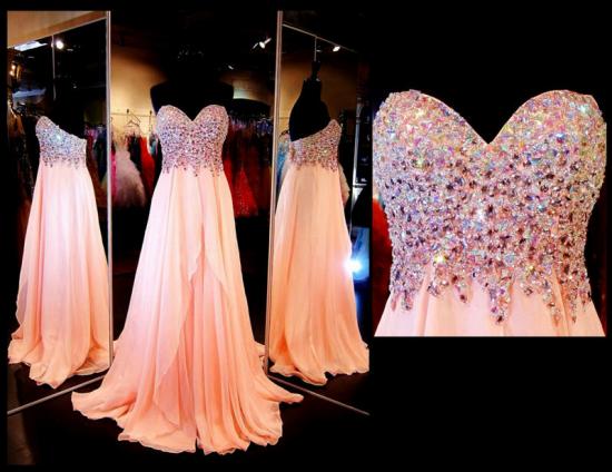 Chiffon Peach Sweetheart Crystal Long Prom Dresses Formal Rhinestone Designer Floor Length Evening Dress for Women_2