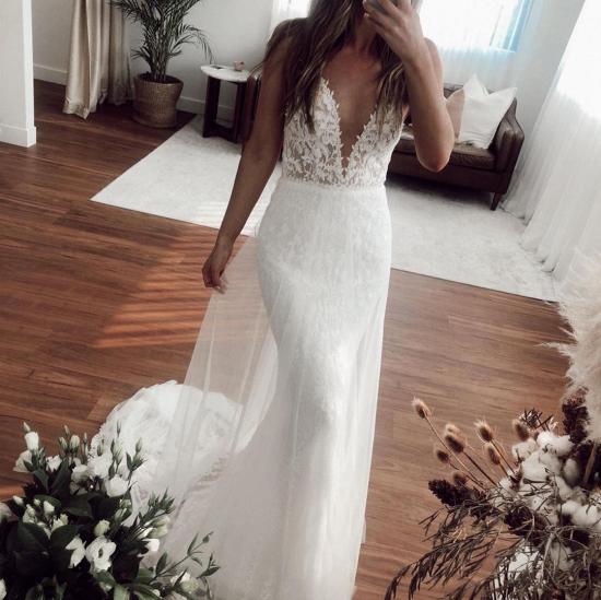 Deep V-neck Spaghetti Straps Mermaid Wedding Dresses | Appliques Pleated Bridal Gowns_3