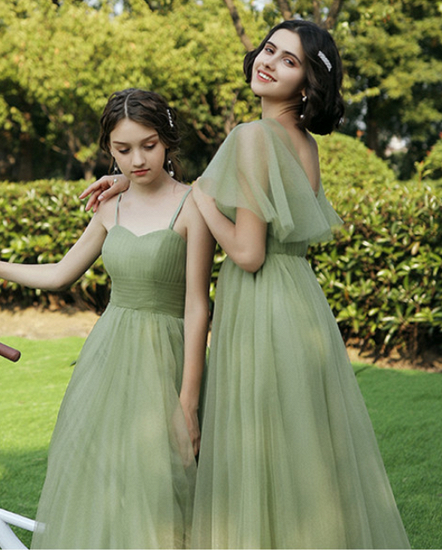 Light Green Tulle Cap Sleeve V Neck Floor Length A-Line Bridesmaid Dress_4