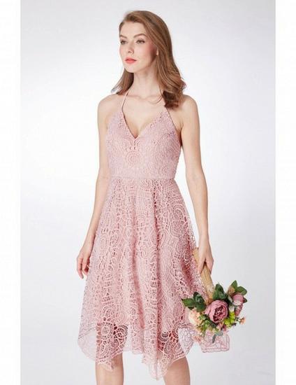 Lace Short Pink  Spaghetti Halter High Low Bridesmaid Dress_1