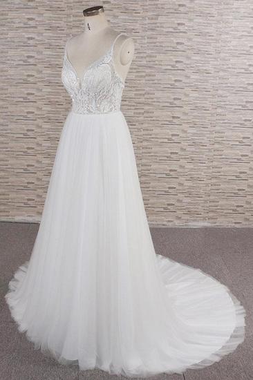 Glamorous V-neck Spaghetti Straps White Wedding Dress | A-line Sleeveless Tulle Lace Bridal Gowns_4