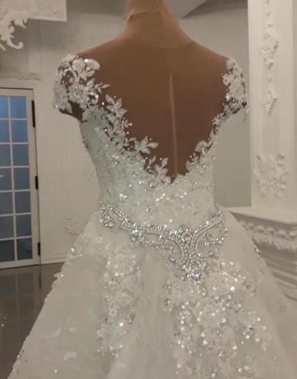 Glamorous Crystal Lace Off The Shoulder Brautkleider mit V-Ausschnitt und abnehmbarem Überrock | Günstige ärmellose Open Back Brautkleider_2